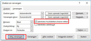 sneltoets Ctrl+h popup identiek en alles vervangen