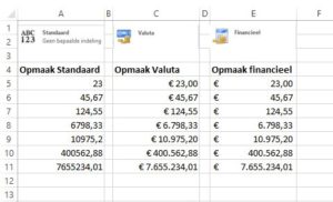 sneltoets Ctrl+$ verschillende opmaakvormen valuta en financieel