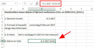 sneltoets Ctrl+puntkomma voorbeeld datum en tijd invoeren 2