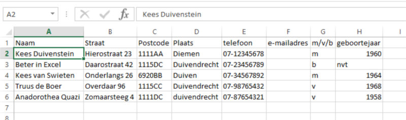 Adresgegevens omzetten naar Excel-tabel