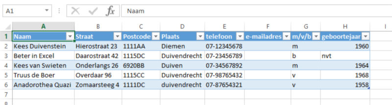 Tabel voorbeeld namen en adressen