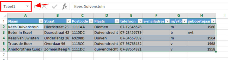 Excel-tabel met naam