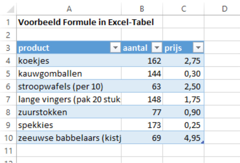 Excel-tabel uitgangspunt
