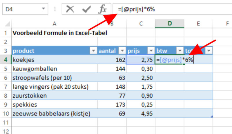 Excel-tabel formule invoeren