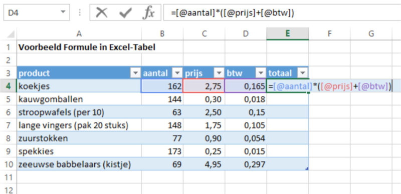 Excel-tabel formule invoeren 2