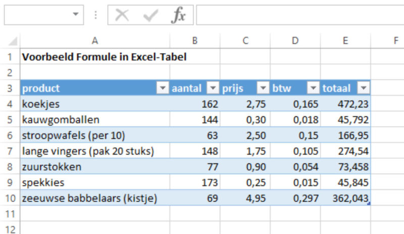 Excel-tabel formule resultaat 1