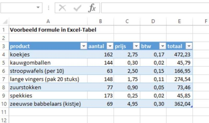 Excel-tabel formule invoeren resultaat 2