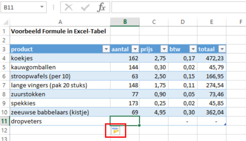 Excel-tabel nieuwe regel