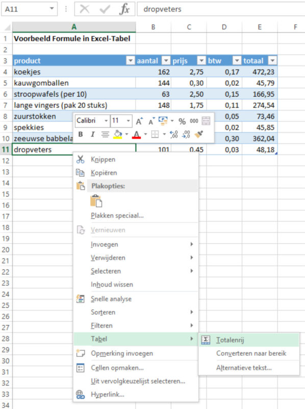 Excel-tabel totaal via rechtermuisknop