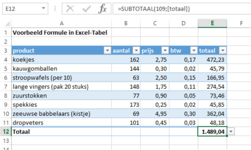 Excel-tabel totalen 1