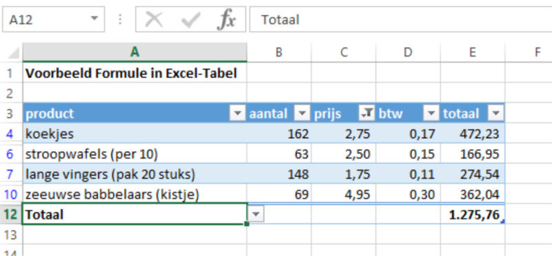 Excel-tabel filtering subtotaal