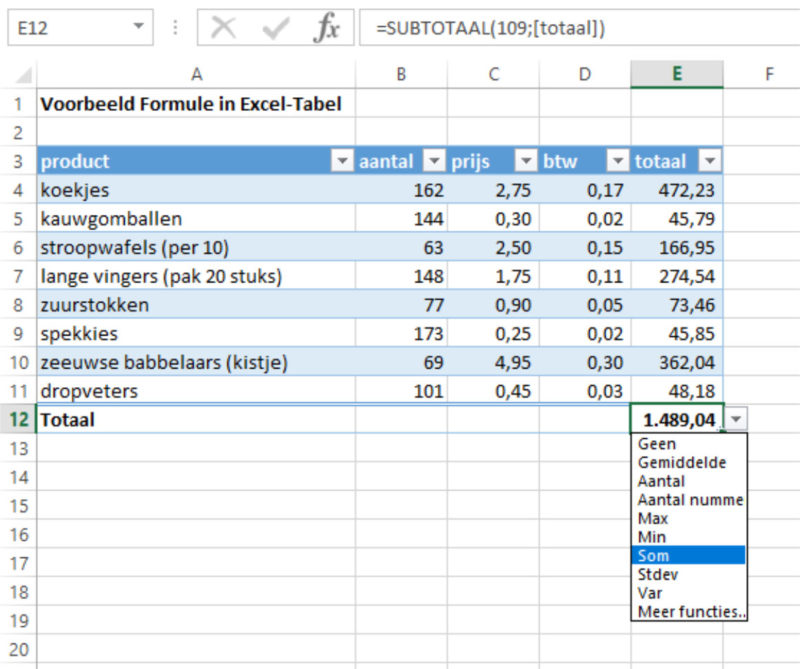 Excel-tabel varianten totaal