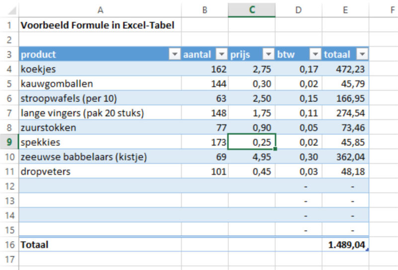 Excel-tabel uitbreiden door slepen